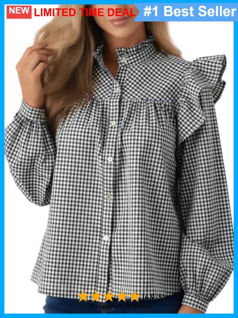 Women's Plaid Ruffle Button Down Puff Long Sleeve Blouse